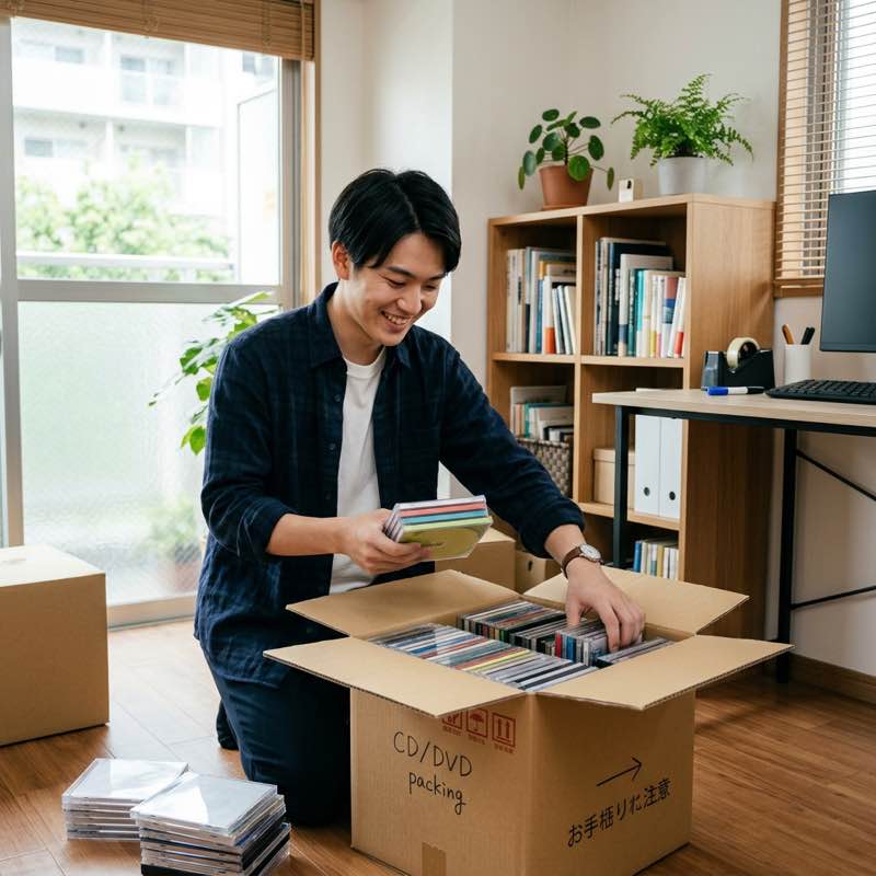 段ボールにCD・DVDを梱包する様子