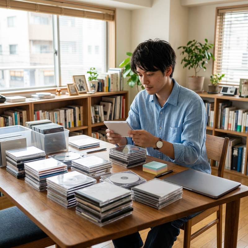 CD・DVDを仕分けする様子