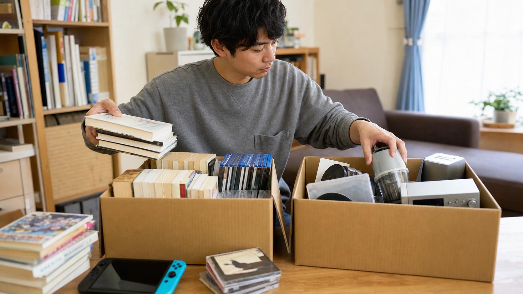 ハードオフとブックオフの違いを比べながら売る物を整理するイメージ