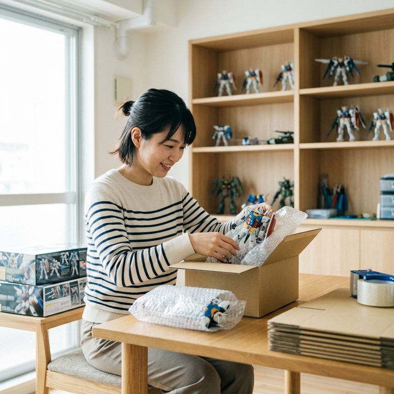 ガンプラを段ボールに詰める様子
