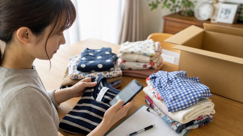 キャリーオンの買取条件をスマホで確認しながら子ども服を仕分ける様子