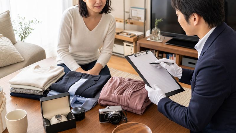 自宅で出張買取の口コミと査定条件を確認する様子