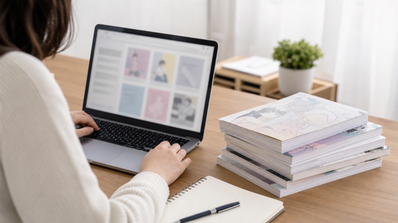 同人誌の買取先をパソコンで比較する様子