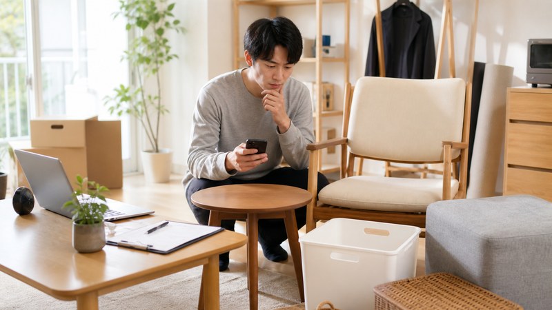 家具や生活雑貨を仕分けしながら売却先を比較する様子
