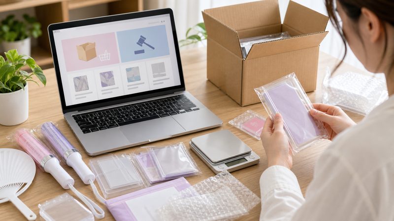 宅配買取に出す品物をパソコンで比較しながら準備する様子