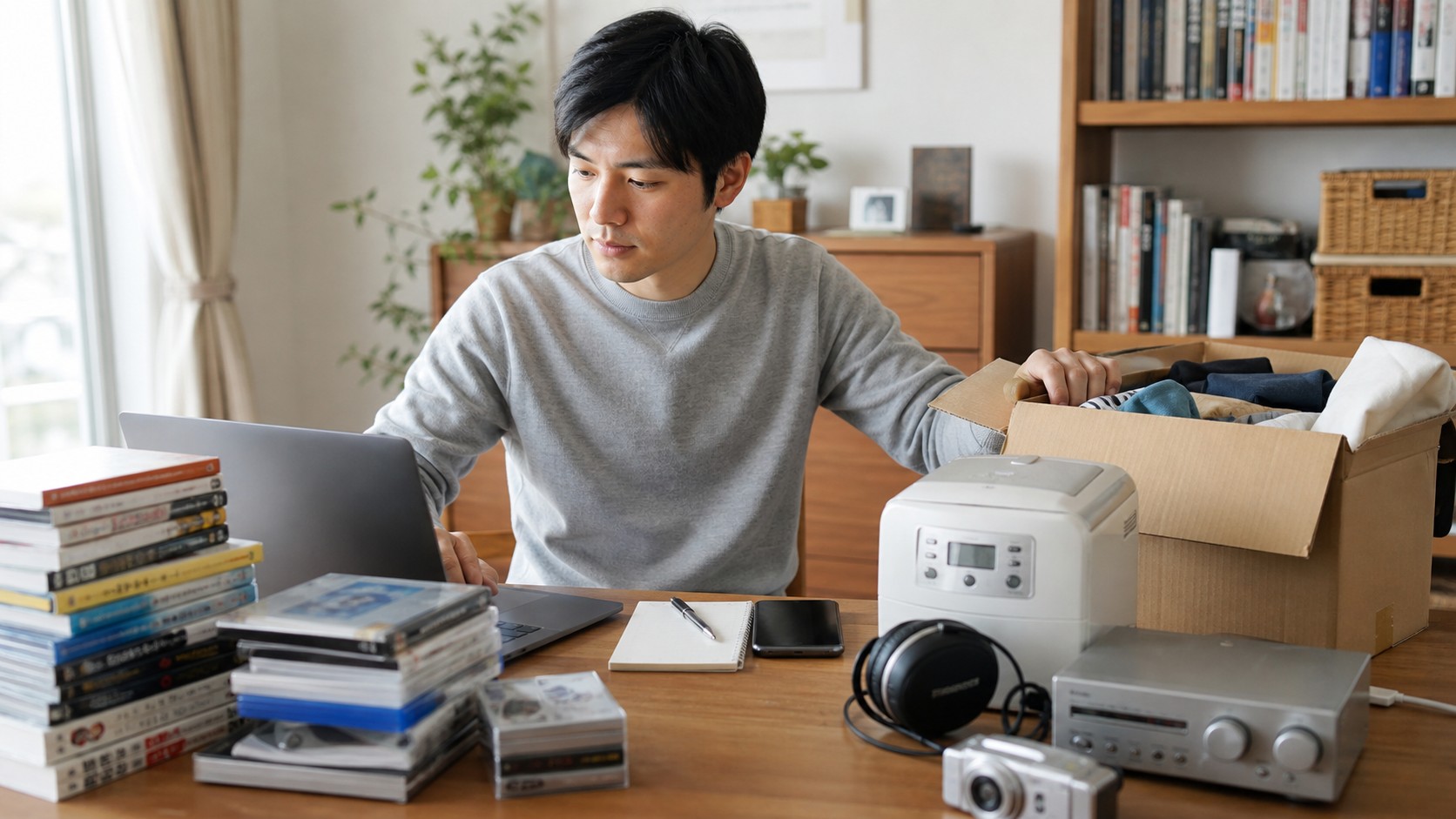 宅配買取と店頭買取のどちらにするか比較しているイメージ