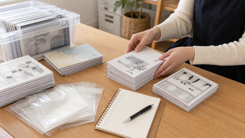 同人誌を査定前に仕分けして準備する様子