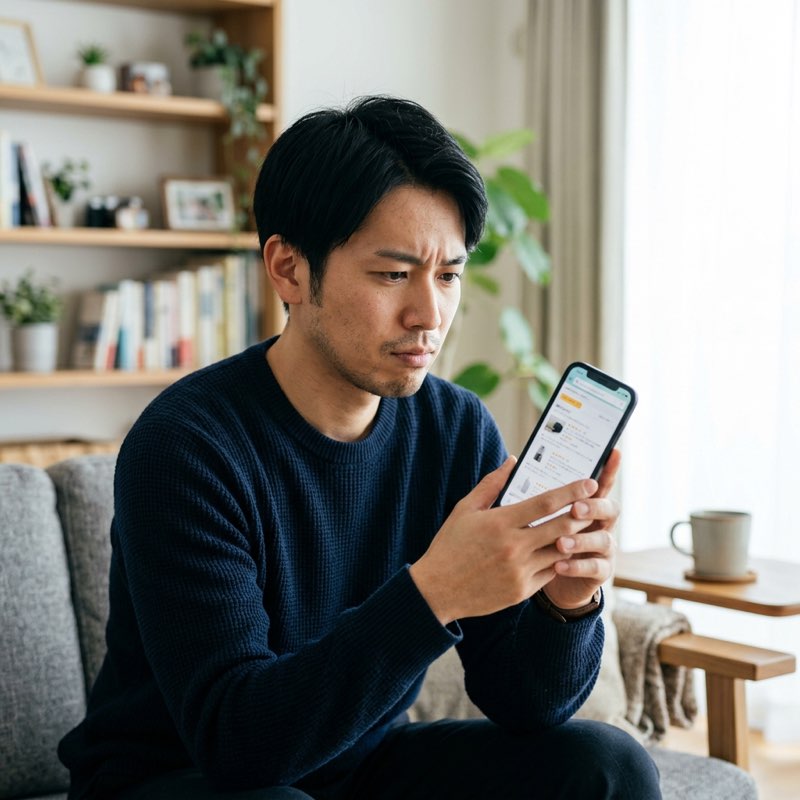 バイク王の口コミや評判をスマートフォンで調べる男性