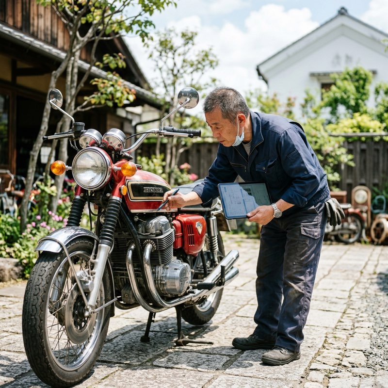 屋外で丁寧にバイクを査定するバイク王のスタッフ