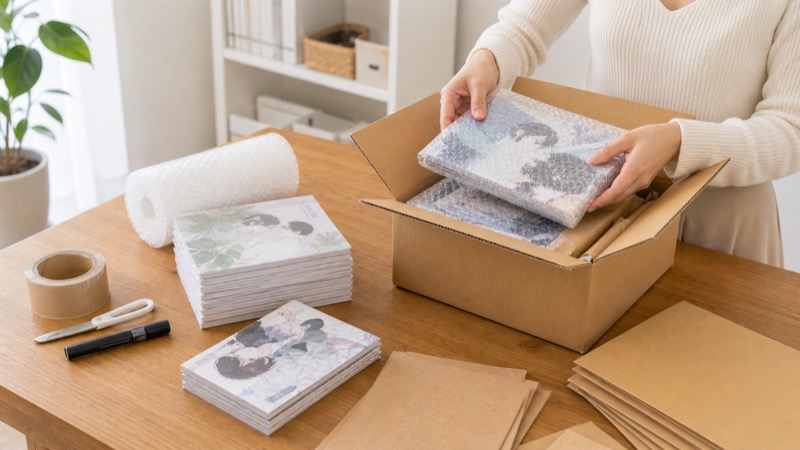 同人誌を箱に詰めて買取に出す準備をする様子