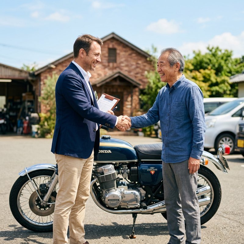 バイクの査定に納得し笑顔で握手をする男性と査定員