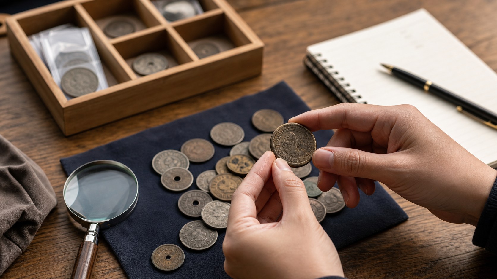 古銭買取はどこがいいか迷う人が古い硬貨を整理する様子