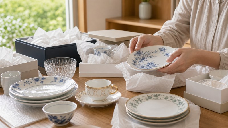 食器買取はどこがいいか比較するために食器を整理する様子