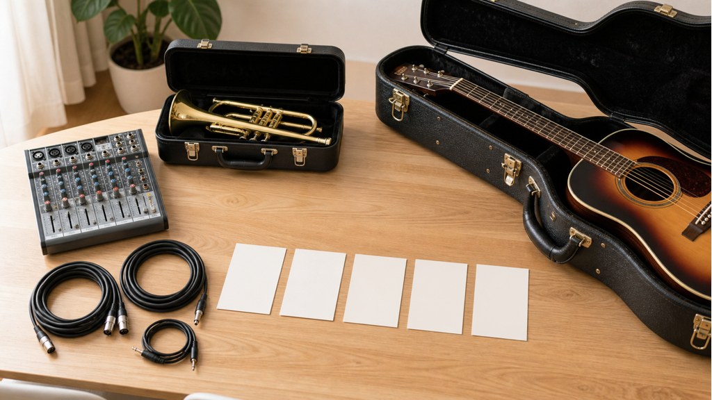 楽器買取サービスを比較するためにギターや音響機材を整理する様子