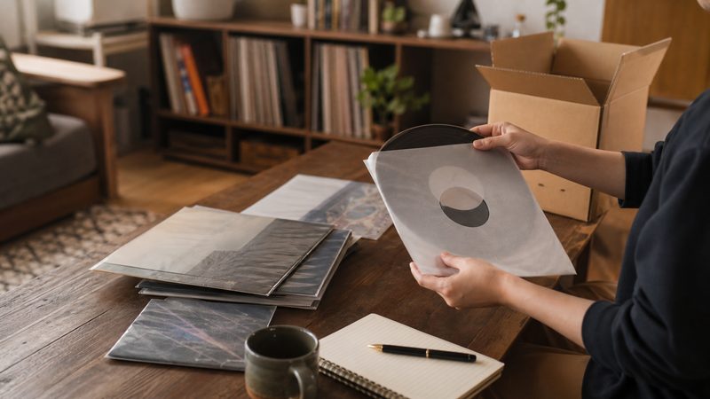 レコード買取の売却先を比較するために盤とジャケットを整理する様子