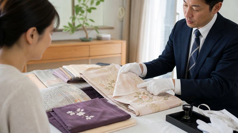 福ちゃんの着物買取で査定士が状態を確認する様子