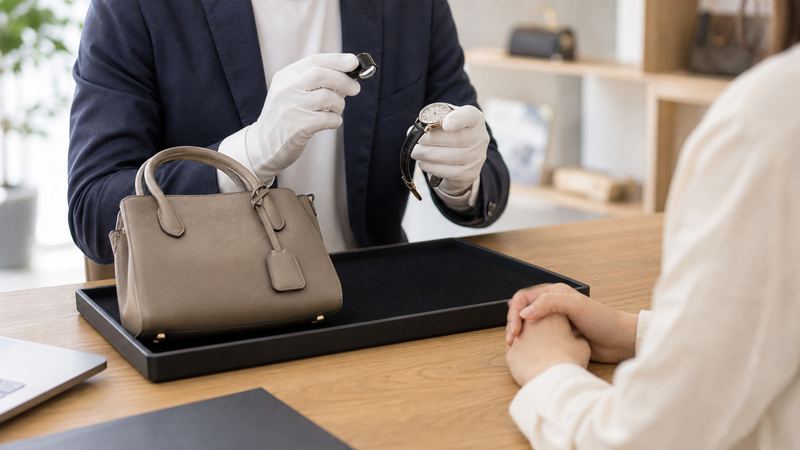 ブランド品や時計を査定カウンターで確認する様子