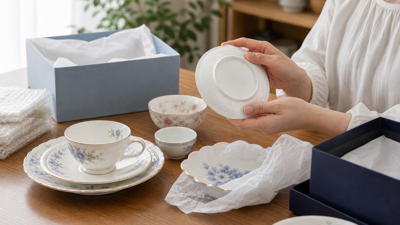 ブランド食器や箱付き食器を査定前に確認する様子
