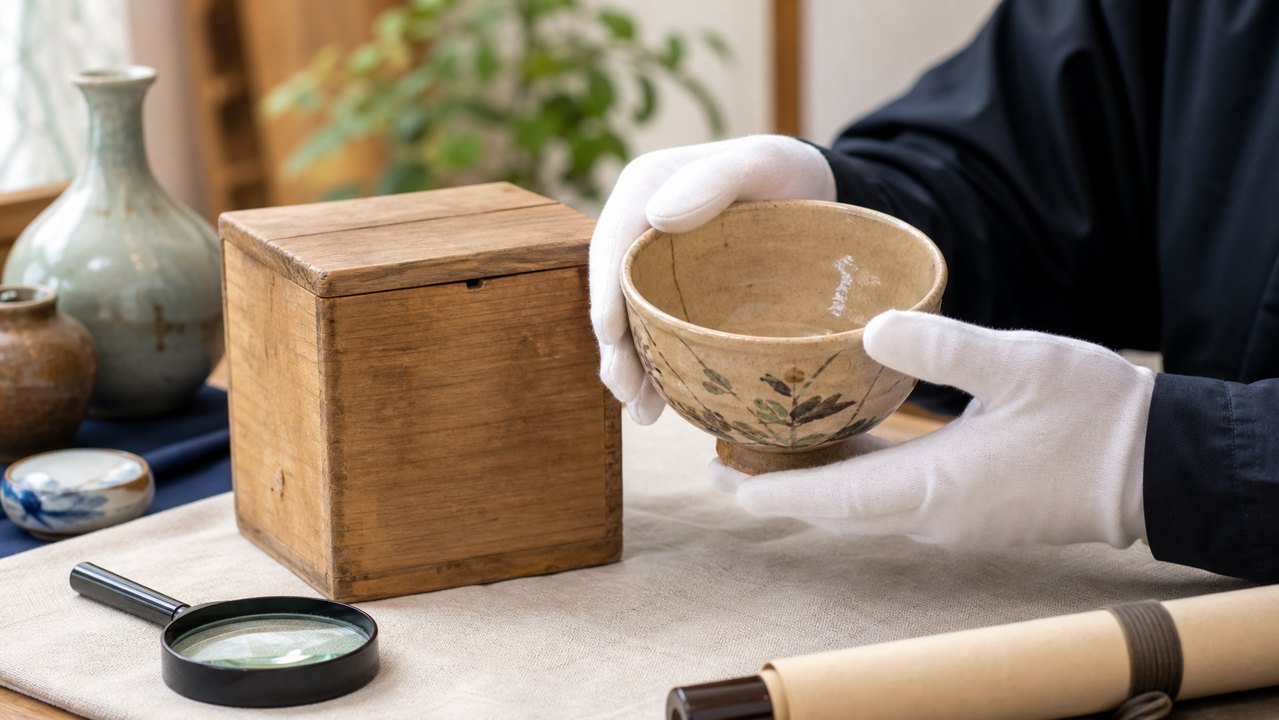 骨董品の査定前に陶磁器や付属品を確認する様子