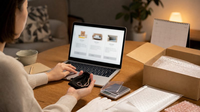 宅配買取や店頭買取を比較しながら宝石を整理する様子