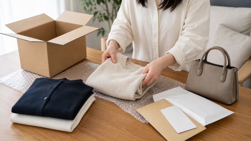 リクロの宅配買取へブランド服や小物を梱包する様子