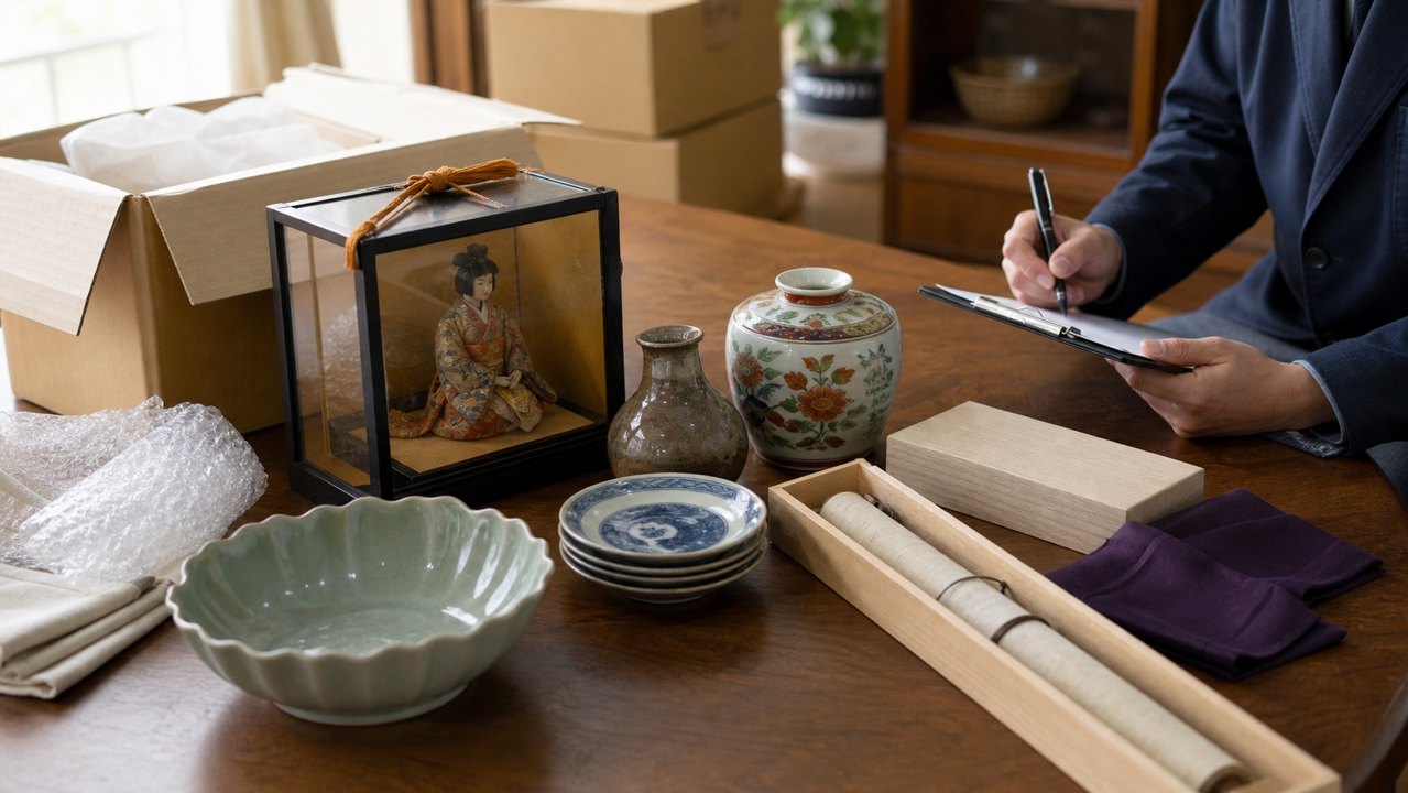 骨董品や人形を出張査定前に整理する様子
