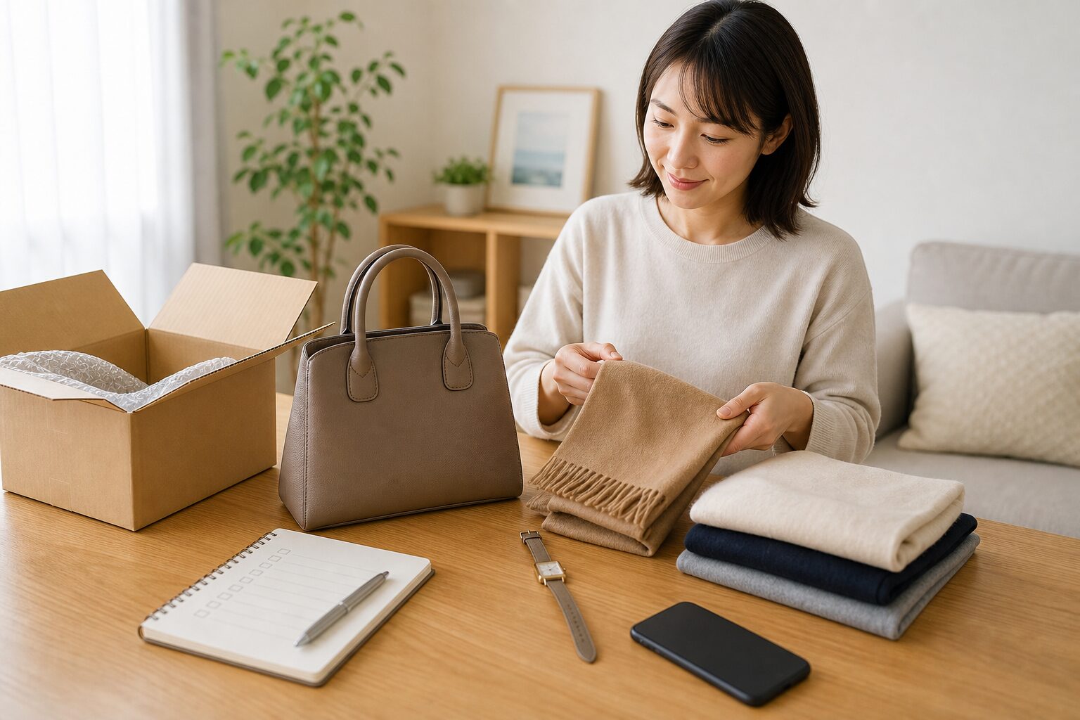 福ちゃんブランド買取の評判を確認しながら品物を整理する様子