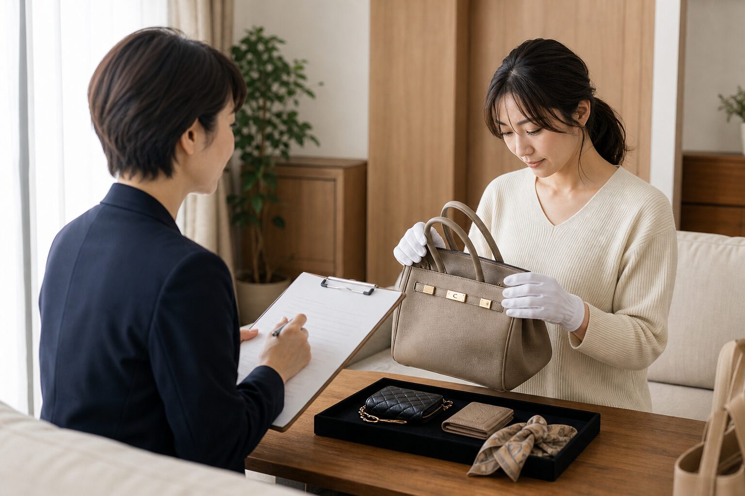 福ちゃんブランド買取の出張査定でバッグを確認する様子