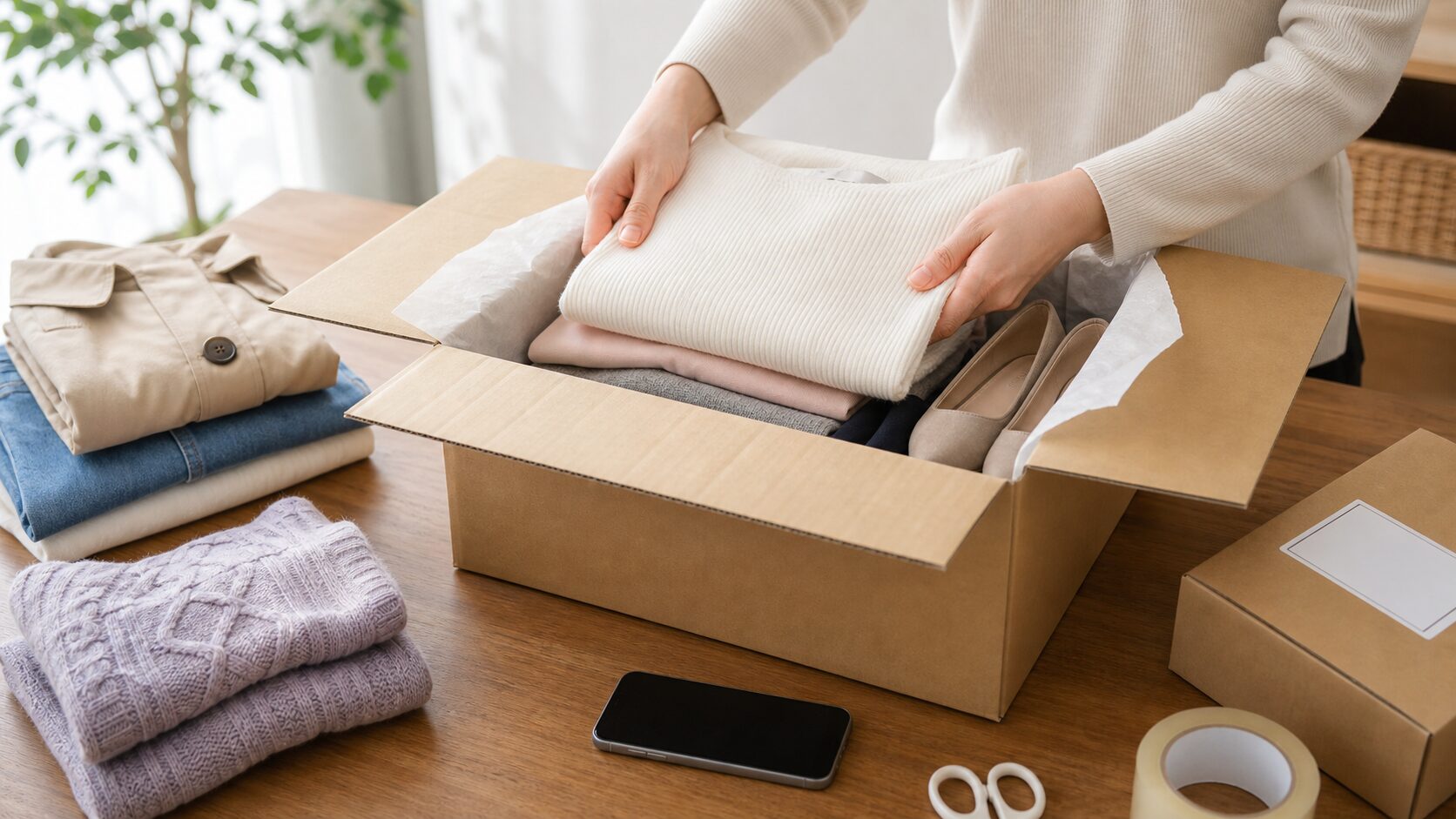 ブランド古着を宅配買取用に梱包する様子