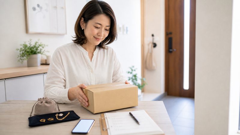 宝石や貴金属を整理して無料査定の準備をする様子