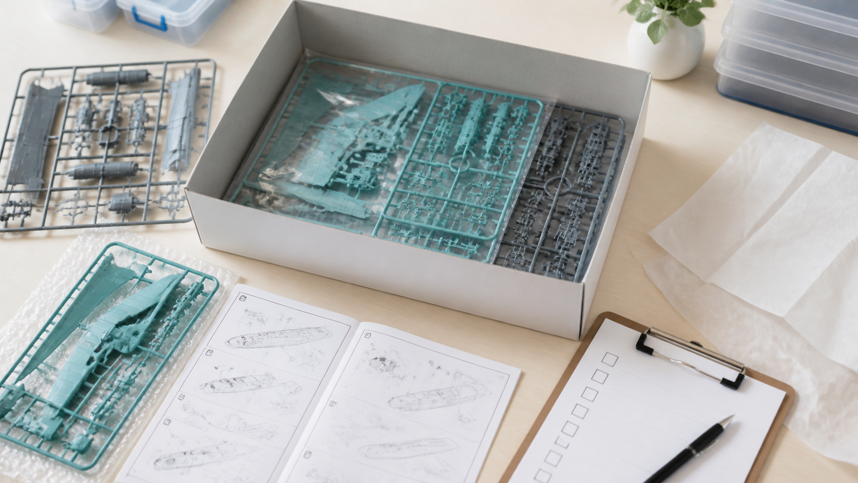 未組立のガンプラを売る前にランナーや説明書を確認している様子