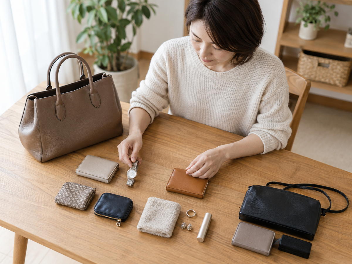 本人確認書類とバッグをそろえる場面