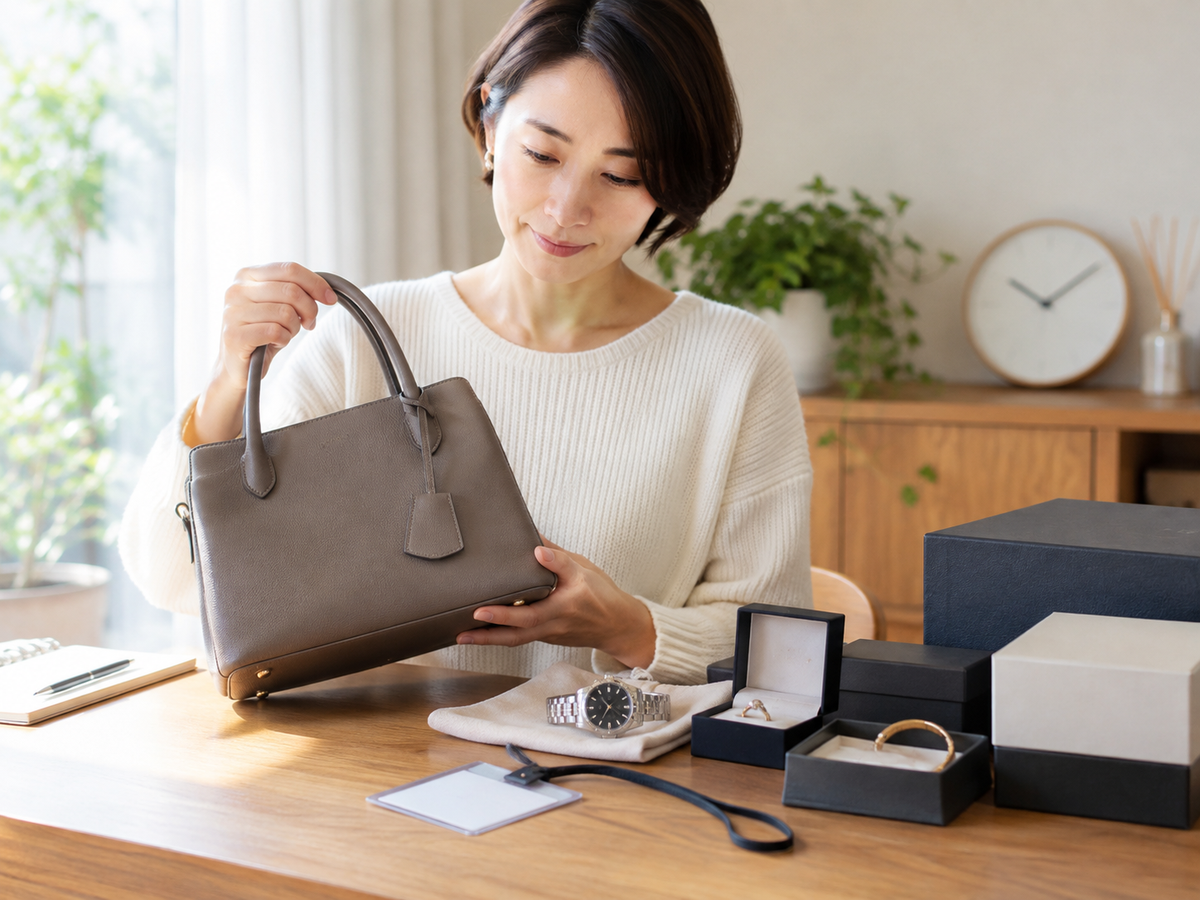 バッグと時計をまとめる場面