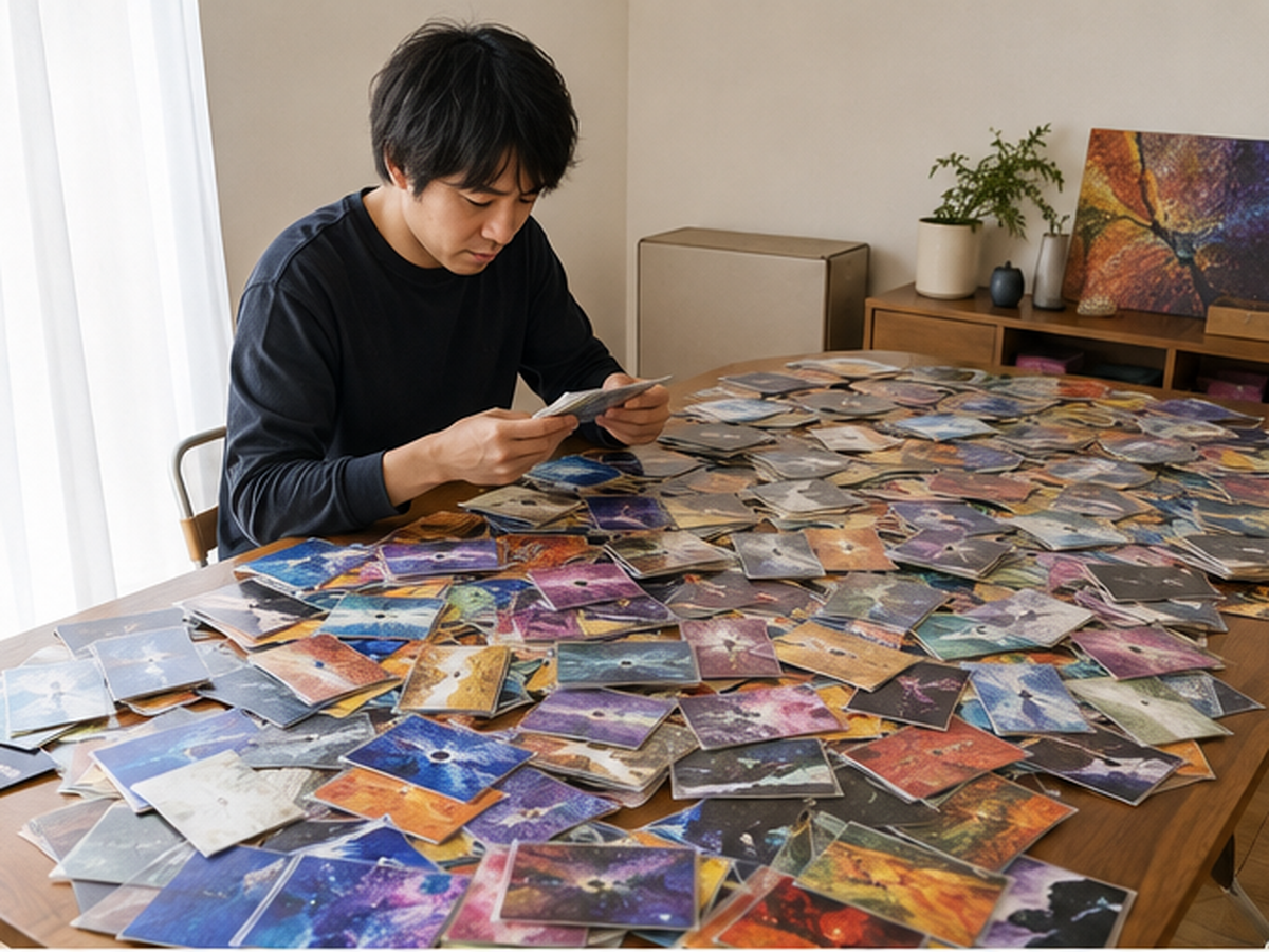 大量のトレカを整理する場面