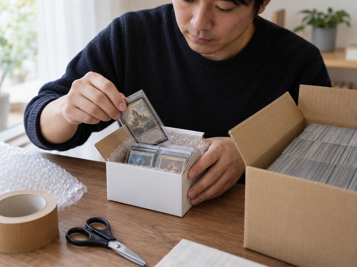 カードを硬質ケースへ入れる場面