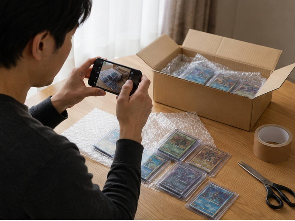 カードを箱に入れて発送準備する場面