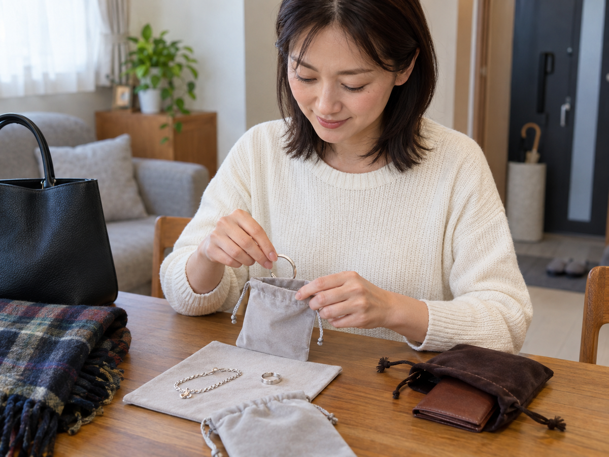 アクセサリーを個別に包む場面