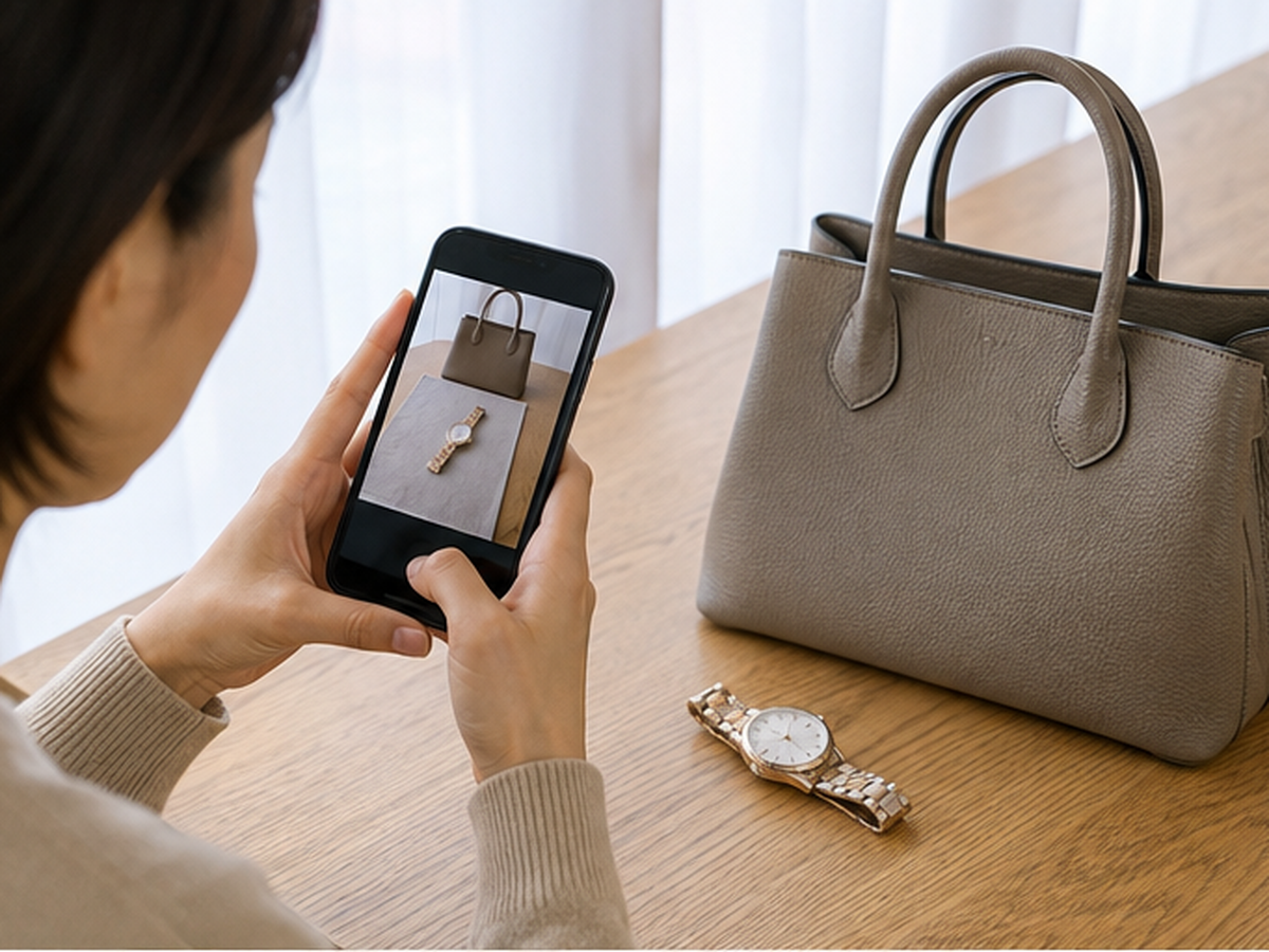 スマホで品物を撮影する場面