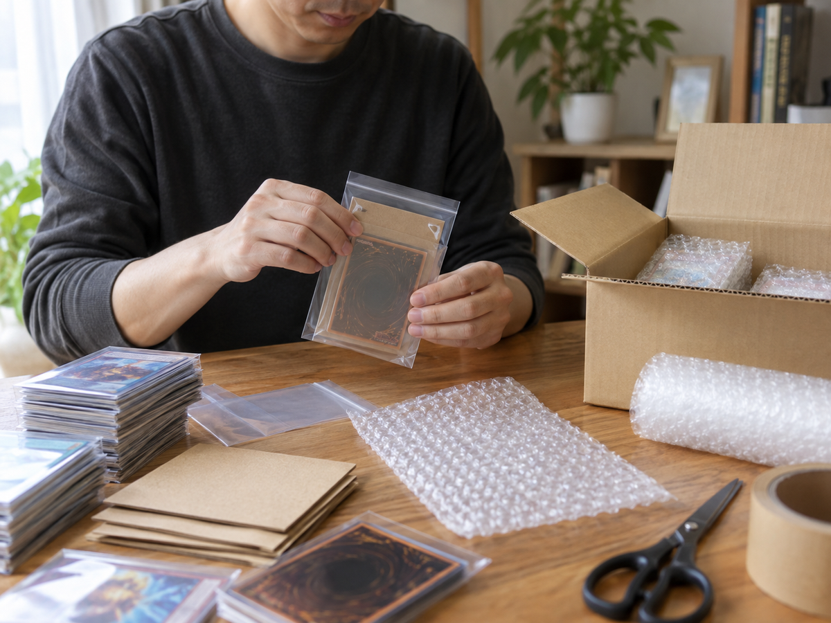 古いカードを保護して梱包する場面