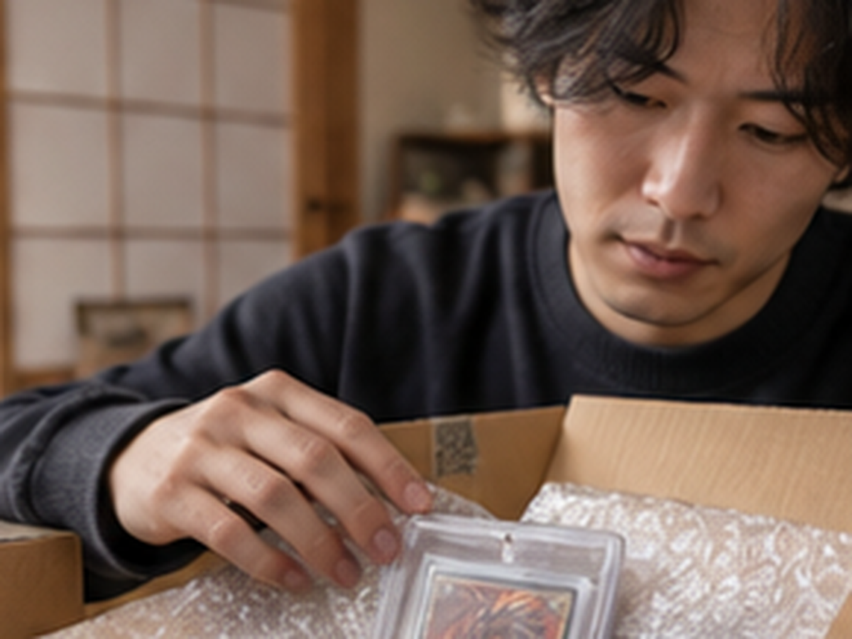 カードを硬質ケースへ入れて梱包する場面