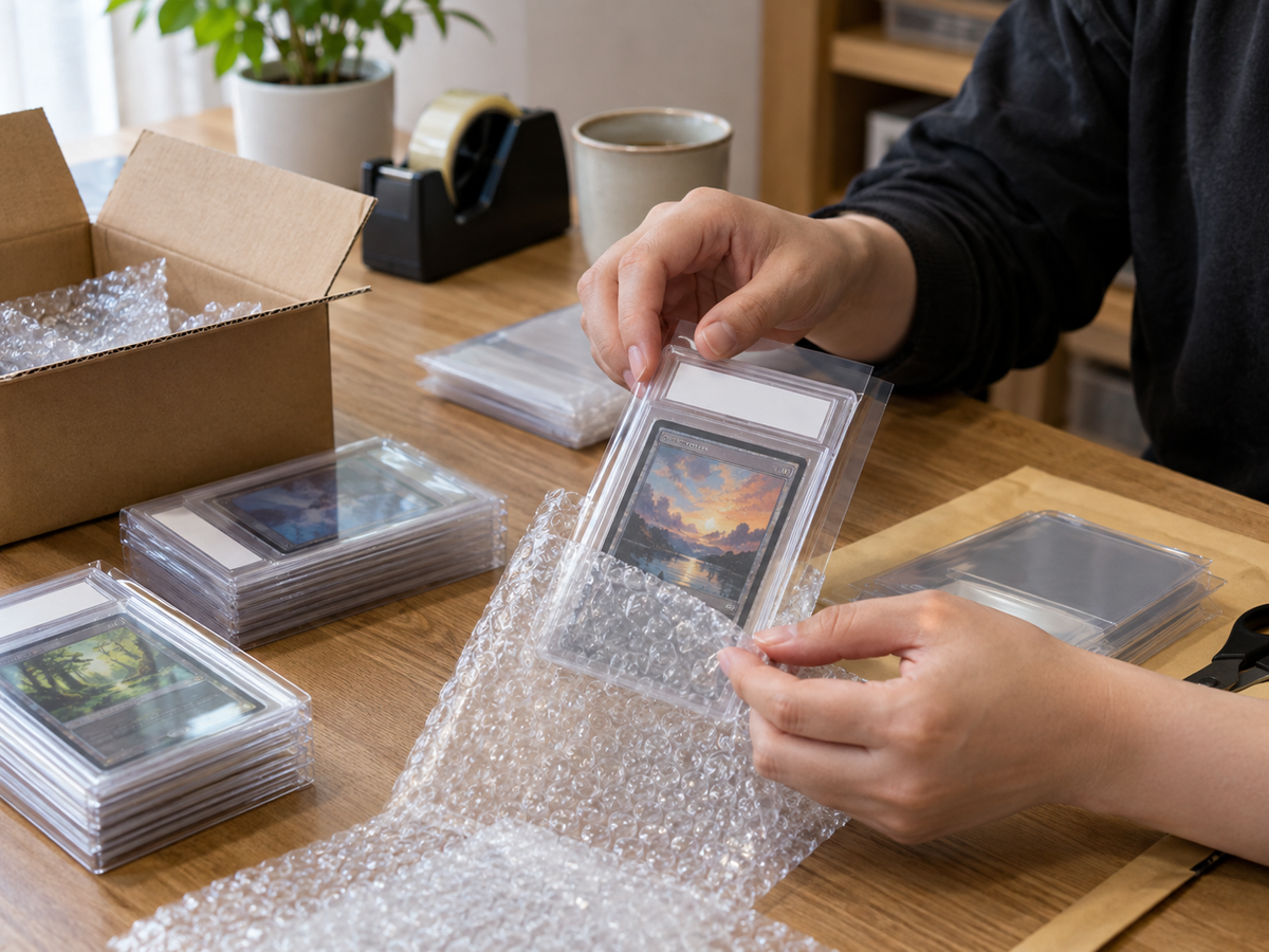 鑑定品と未鑑定カードを分ける場面