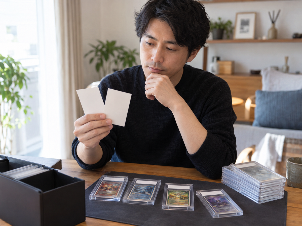 鑑定ケースを一枚ずつ梱包する場面