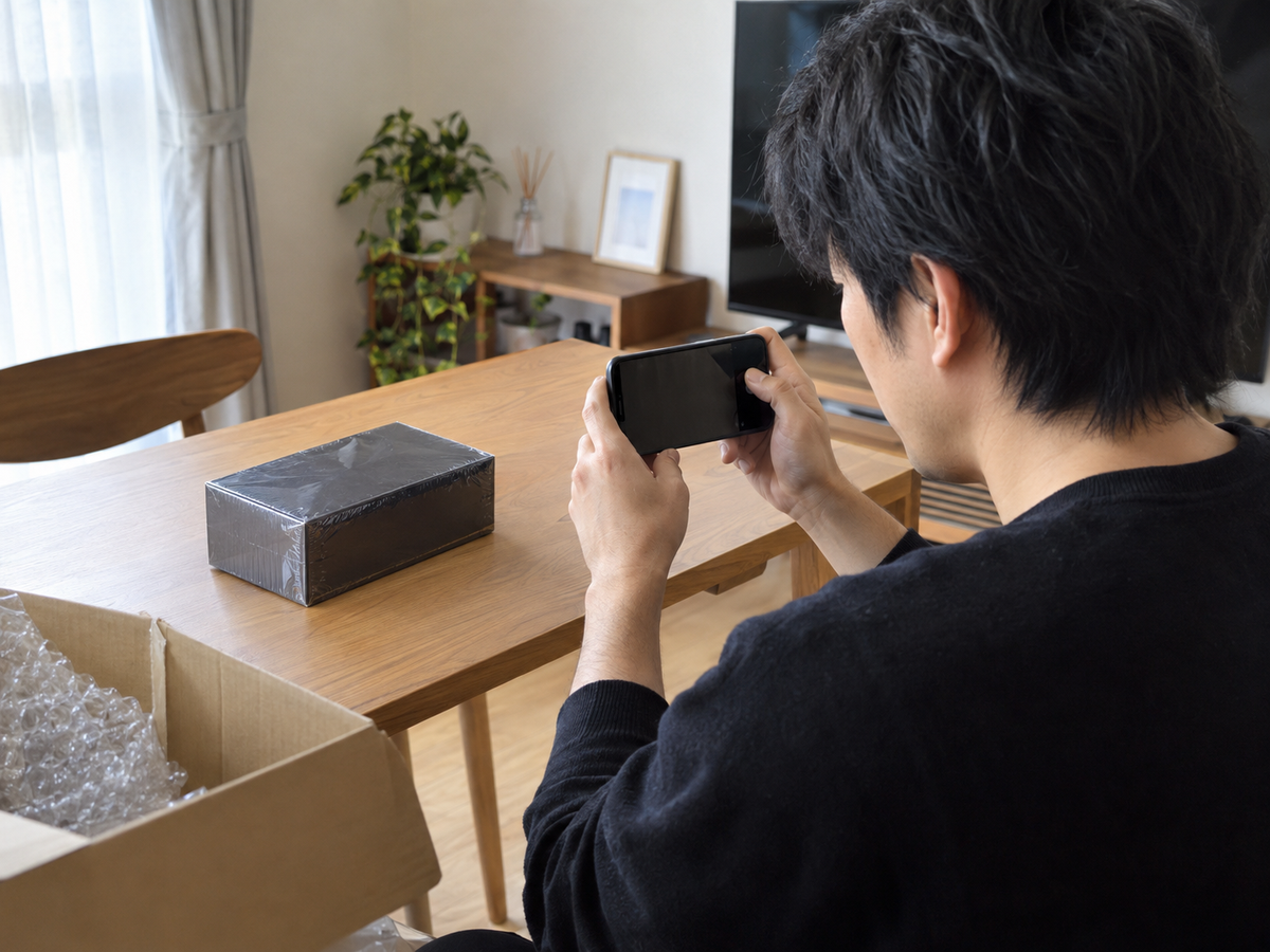 未開封BOXを撮影する場面