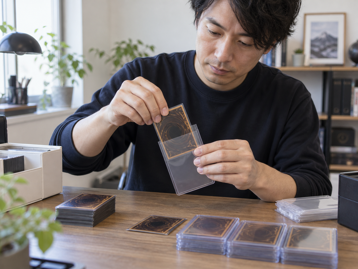 古いカードを種類別に仕分ける場面