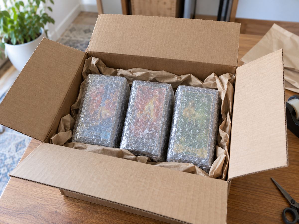 未開封BOXを緩衝材で包む場面