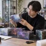 未開封のトレカBOXを確認する場面