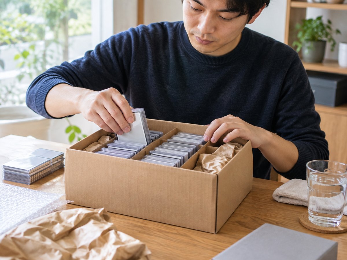 カードを段ボールへ詰める場面