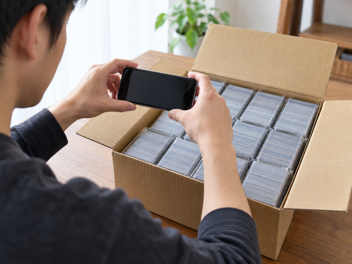 緩衝材でカードを固定する場面