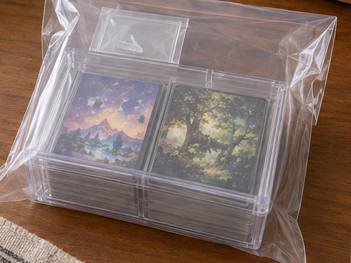 透明な収納ケースのふたにひびや欠けがあり、中に売却予定のトレカが入った状態の保護準備
