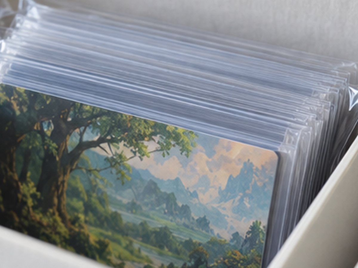 開口部が横向きのスリーブへ入れた売却用トレカの査定前確認